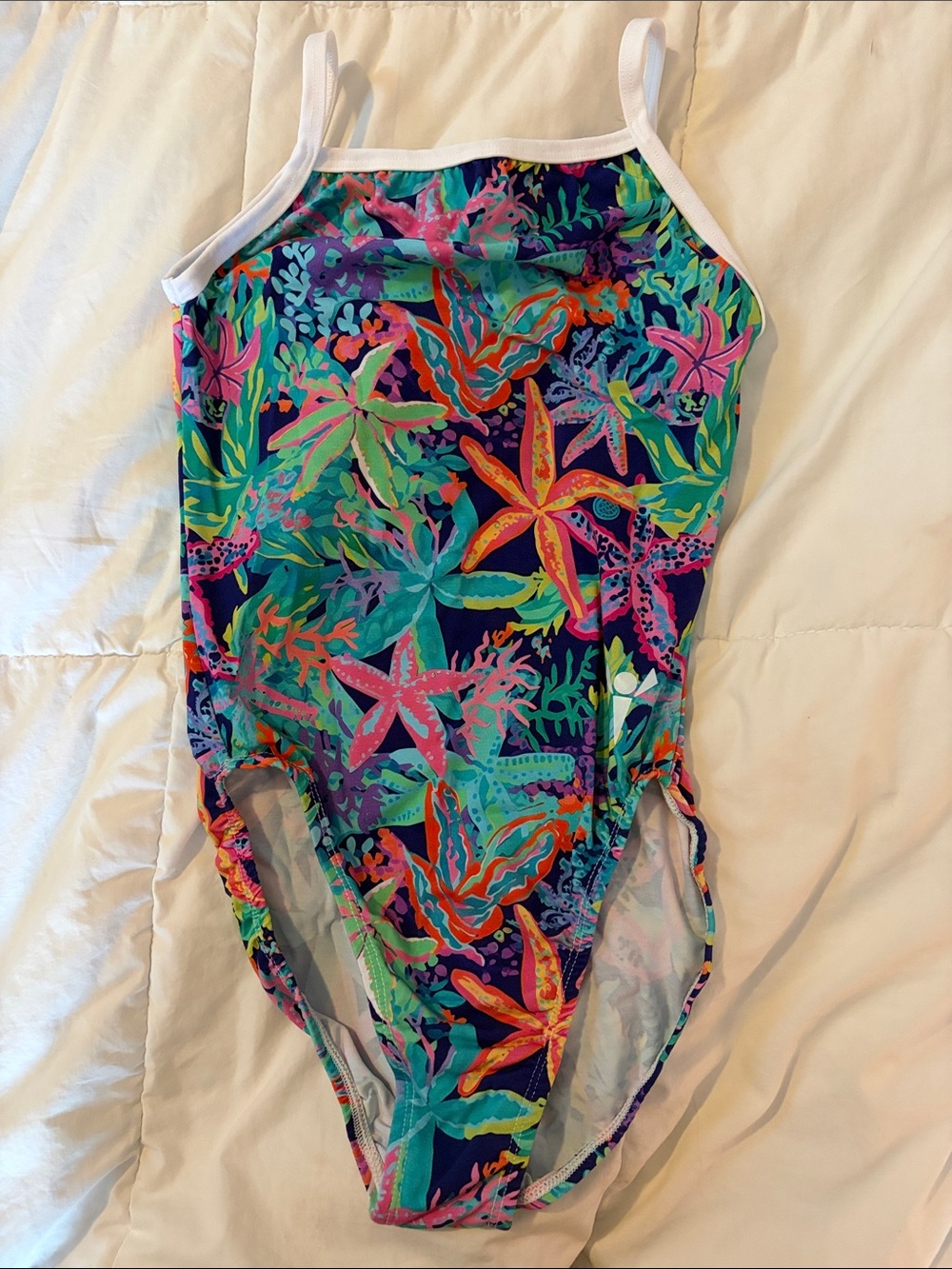 Girls' Colorful Starfish Print One-Piece Swimsuit with White Trim